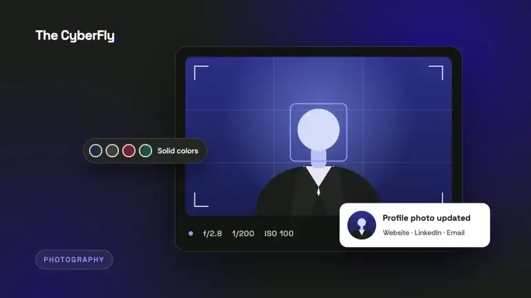 Illustration of a camera framing a professional headshot, with solid-color outfit swatches and an updated profile photo