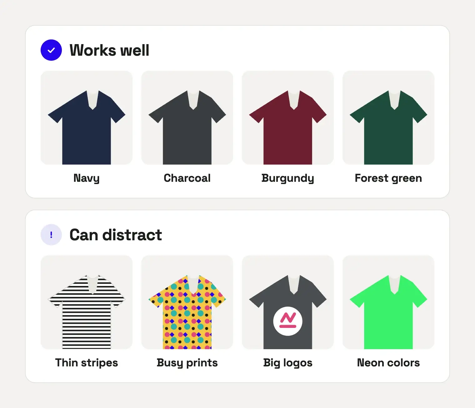 How to prepare for a headshot: solid navy, charcoal, burgundy and green tops work well, while thin stripes, busy patterns, big logos and neon colors can distract